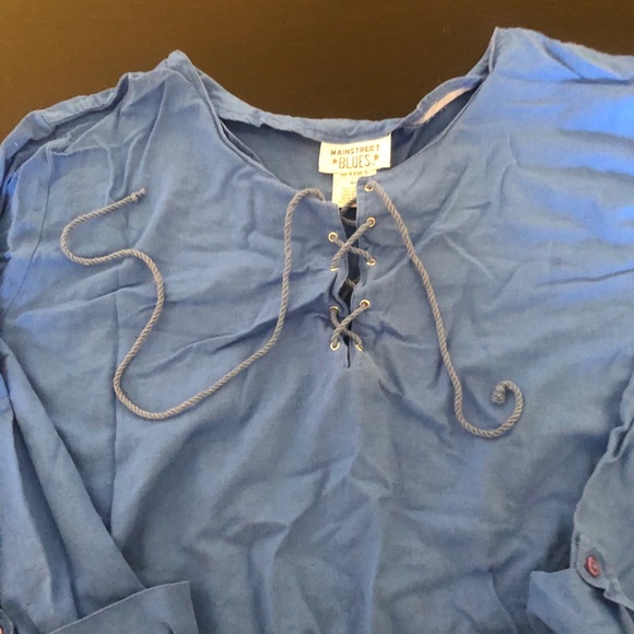 Blue Lace Up 3/4 Rolled Sleeve Top - Picture 6 of 13